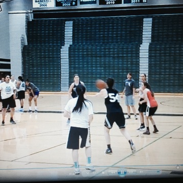 A transition drill, in which Coach Carly is yelling and Coach Krystal looks tired.